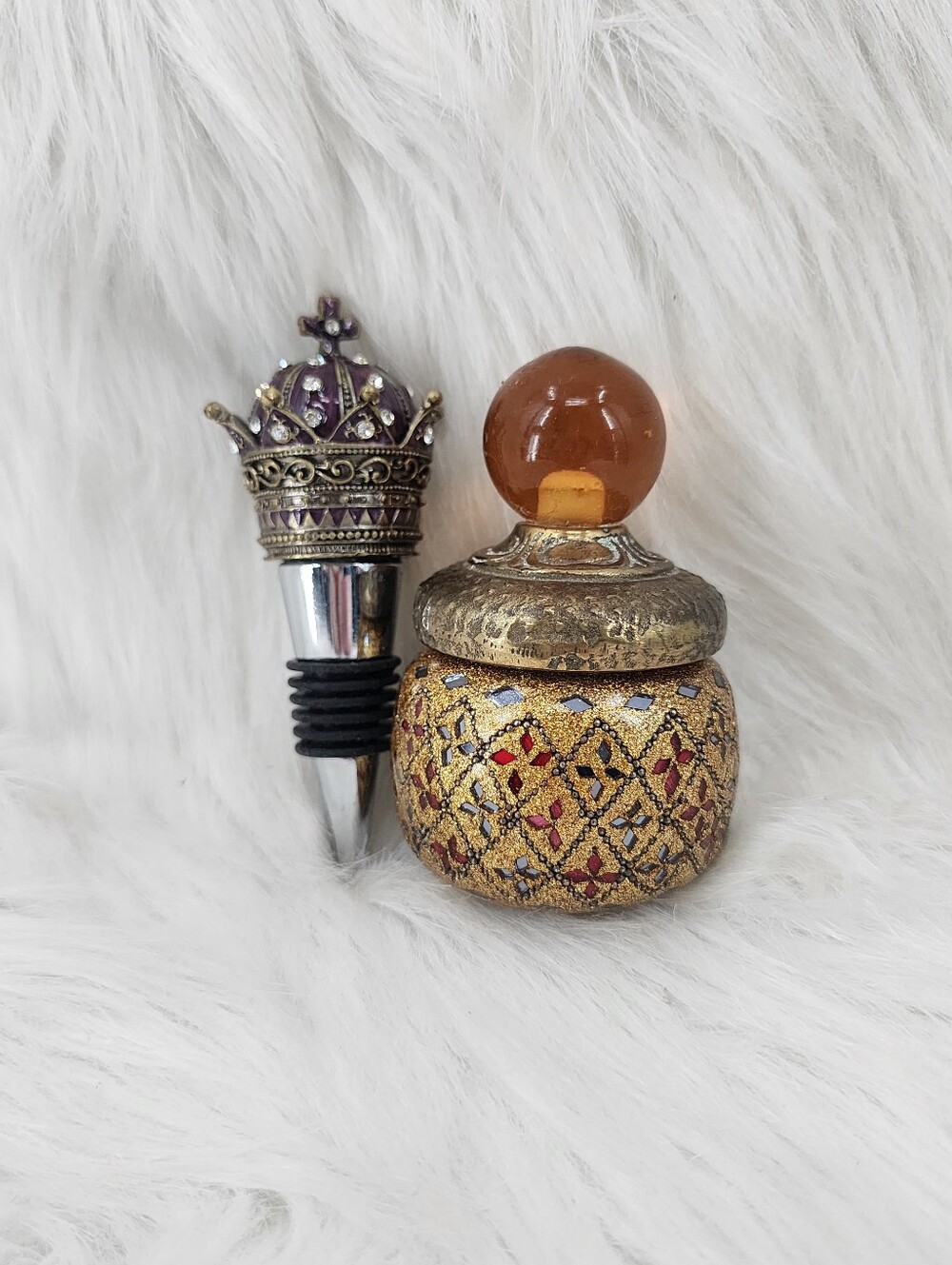 Wine/Bottle Stopper Lot of 2, Mosiac Glass Bottle Topper & Metal Silver Crown